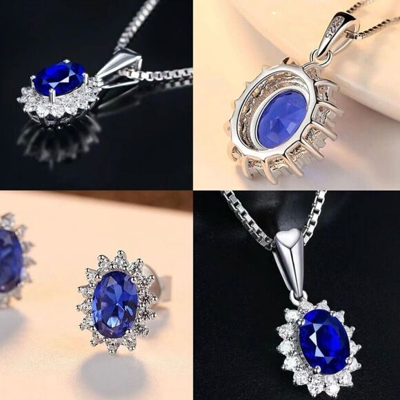 Oval Sapphire Blue CZ Stone Necklace Womens 18” W Extender Sterling Silver Chain - Picture 7 of 7
